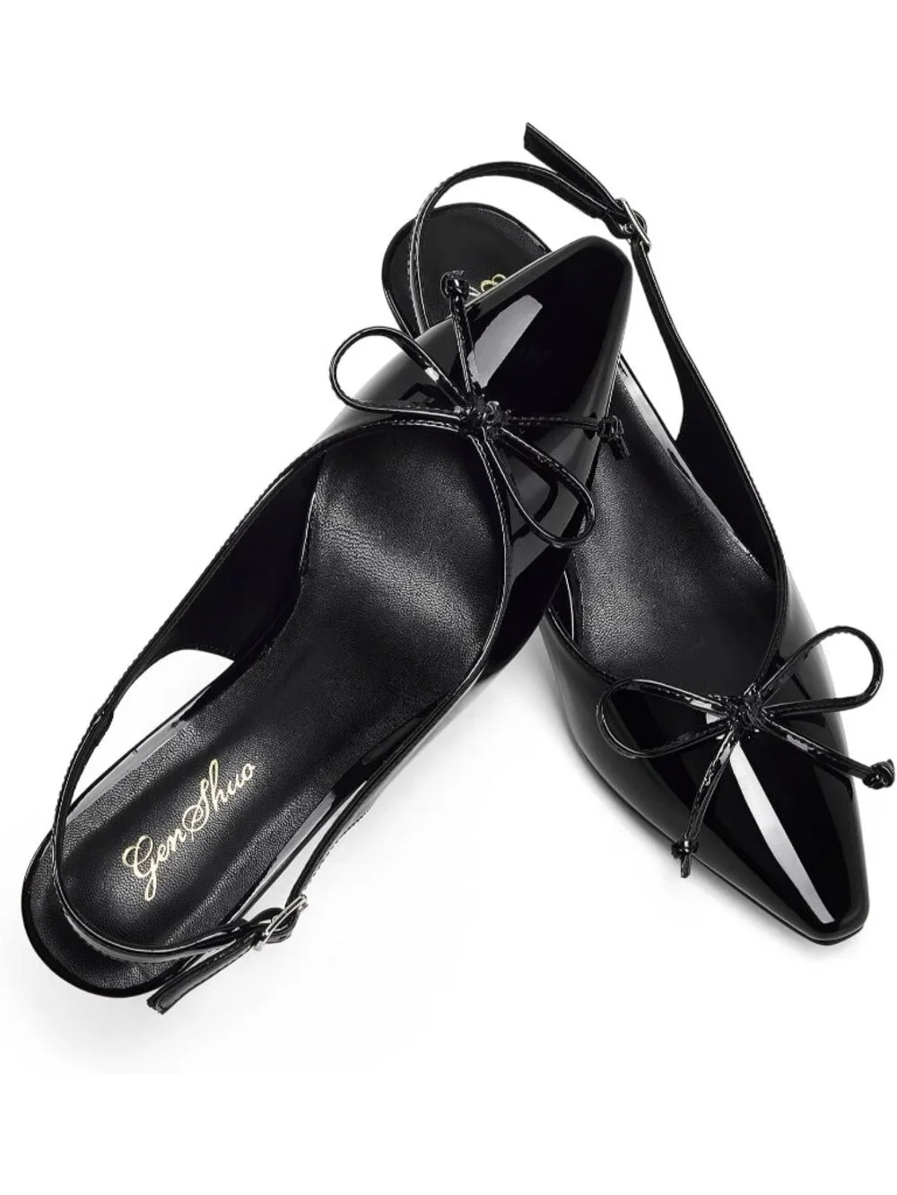 Women Black With Bowknot Slingback Pump Pointed Closed Toe Low Kitten Heel Shoes